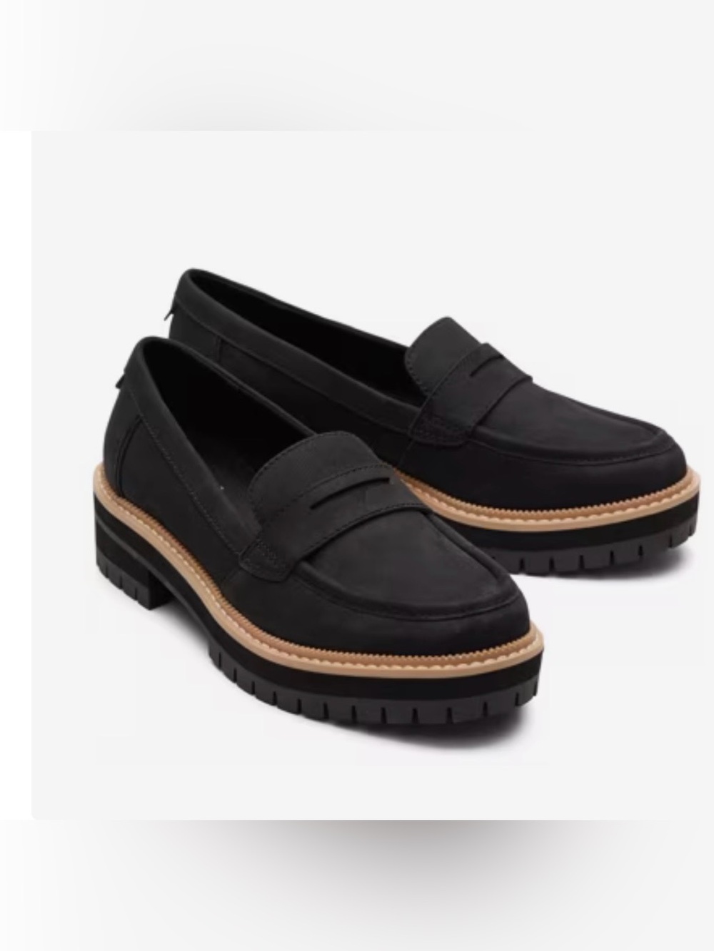TOMS Cara Black Leather Lug Sole Penny Loafers - Women’s Size 9.5 - NWOT